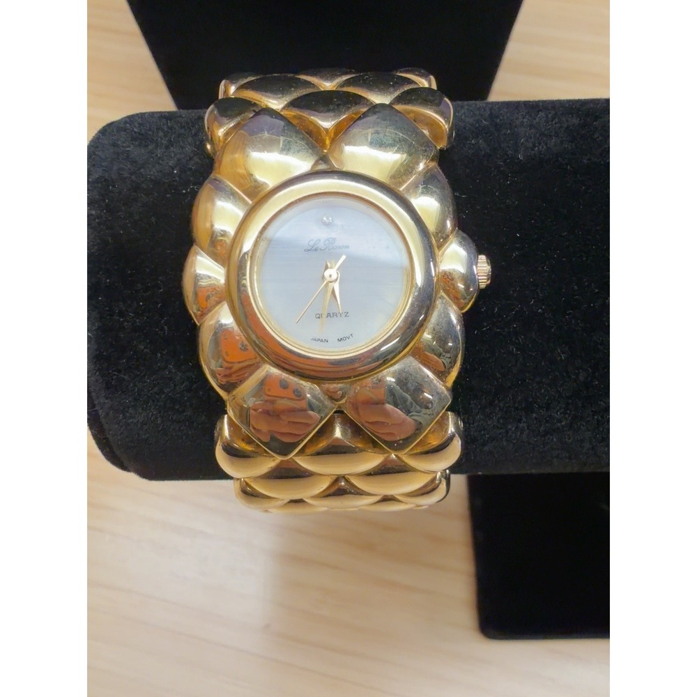 Le Baron Gold Tone Wide Bracelet Watch Quartz Japan Movt 7.5" Not Working